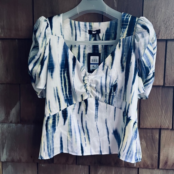 DKNY Women's Short Puff Sleeve Ruched Tie Dye Blouse Top Size XL - Picture 3 of 15